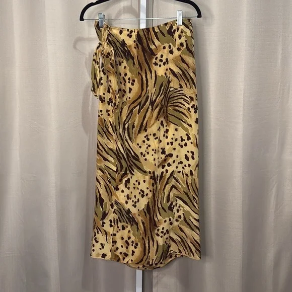 Paul Alexander Silk Wrap Skirt Size 10 Brown Green Tan Animal Print Midi - Picture 3 of 3